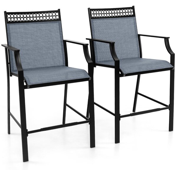 Costway Set di 2 sgabelli da esterno con poggiapiedi braccioli struttura in metallo, Sgabelli da bar per patio Blu