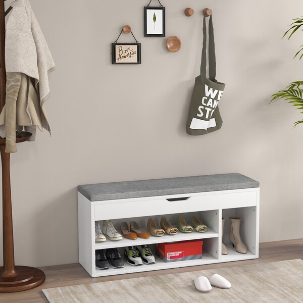 Costway Scarpiera in legno con cuscino morbido e cassetto due ripiani 104x30x48cm Grigio