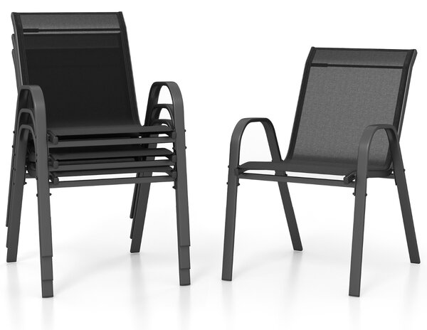 Costway Set di 4 sedie da patio impilabili in metallo con braccioli, Sedie da pranzo in tessuto traspirante Nero