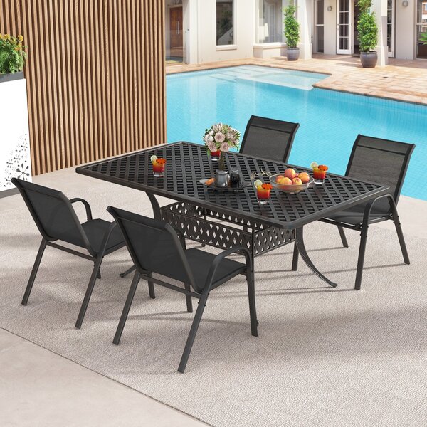 Costway Set di 4 sedie da patio impilabili in metallo con braccioli, Sedie da pranzo in tessuto traspirante Nero