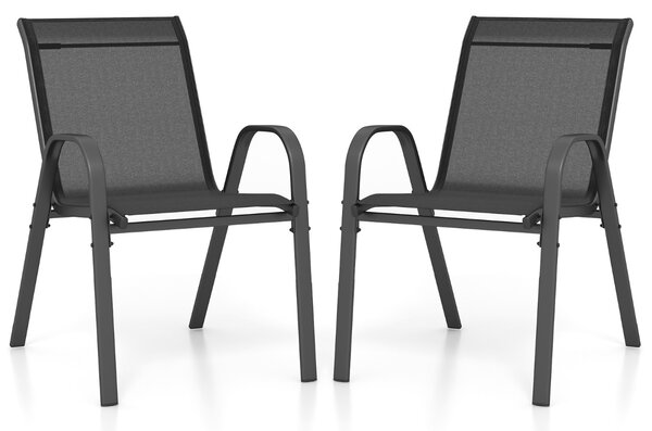 Costway Set di 2 sedie da patio impilabili in metallo con braccioli, Sedie da pranzo in tessuto traspirante Nero