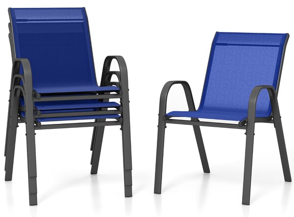 Costway Set di 4 sedie da patio impilabili in metallo con braccioli, Sedie da pranzo in tessuto traspirante Blu