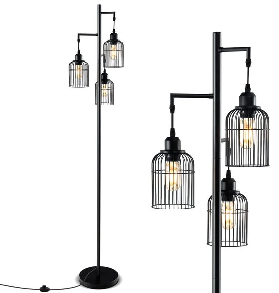 Costway Lampada da terra moderna di 169 cm con 3 paralumi a gabbia interruttore a pedale, Lampada da terra industriale Nero