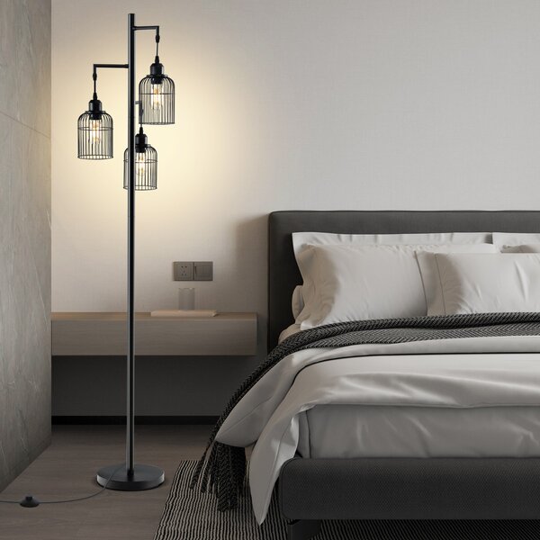 Costway Lampada da terra moderna di 169 cm con 3 paralumi a gabbia interruttore a pedale, Lampada da terra industriale Nero