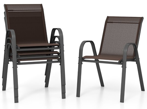Costway Set di 4 sedie da patio impilabili in metallo con braccioli, Sedie da pranzo in tessuto traspirante Marrone