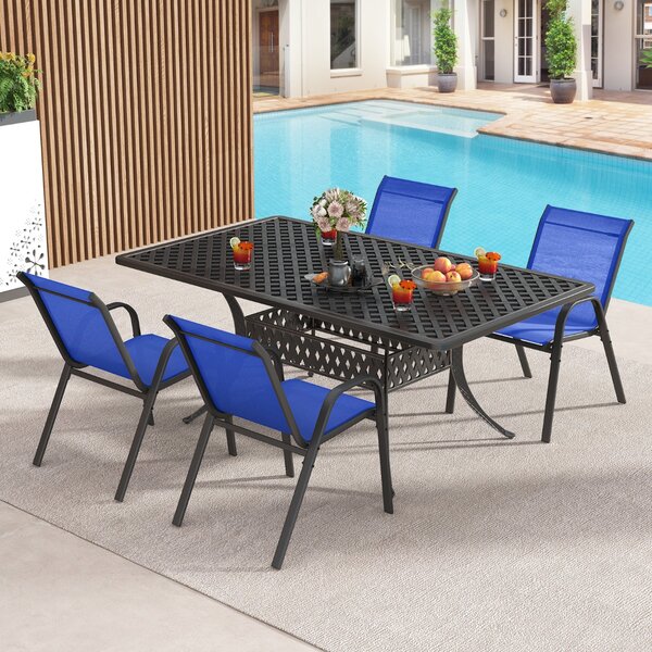 Costway Set di 4 sedie da patio impilabili in metallo con braccioli, Sedie da pranzo in tessuto traspirante Blu