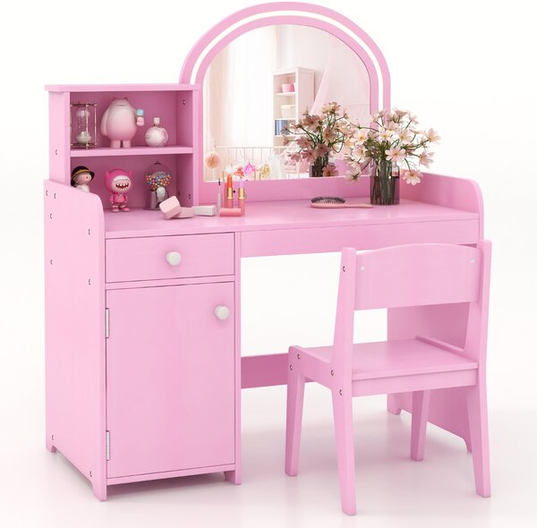 Costway Set tavolo da trucco per bambini con sedia mensole cassetto e anta, Toeletta da trucco in legno con luci LED Rosa