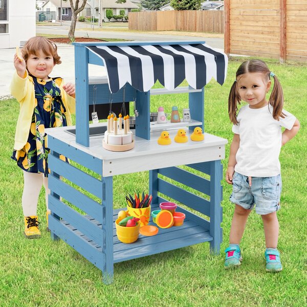 Costway Cucina giochi in legno a doppia faccia con lavandino vaschetta per l'acqua, Set di cucina per bambini dai 3+ anni Blu