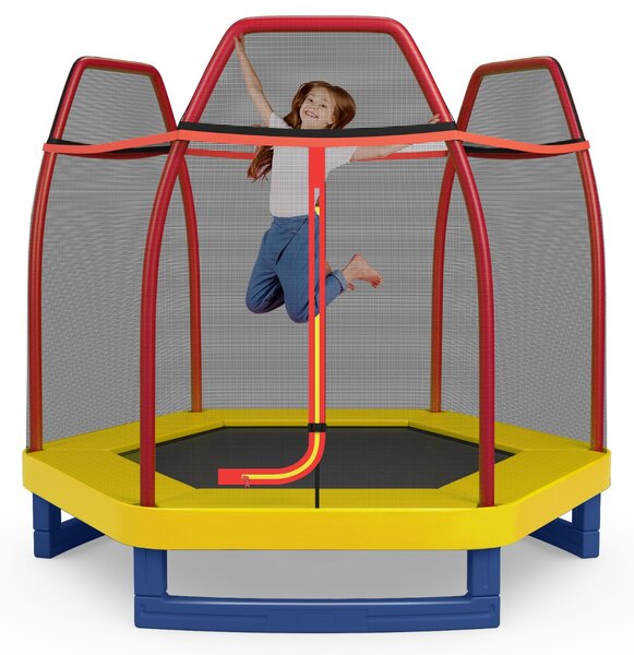 Costway Tappeto elastico 223 cm con rete di sicurezza e cuscinetto a molle, Mini tappeto elastico per bambini Rosso