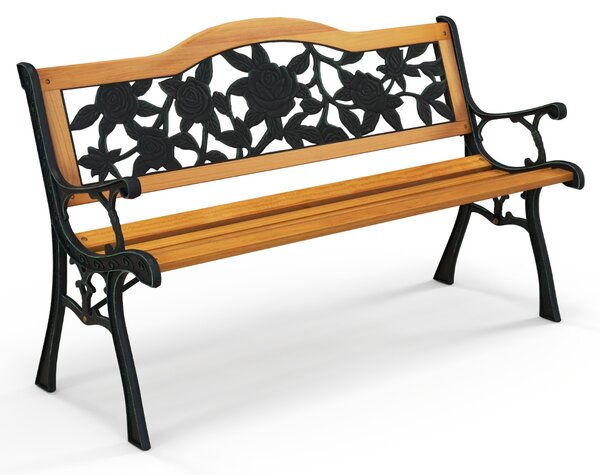 Costway Panca da giardino con struttura in metallo fuso seduta in legno, Panca ergonomica per 3 persone 126x52x76cm