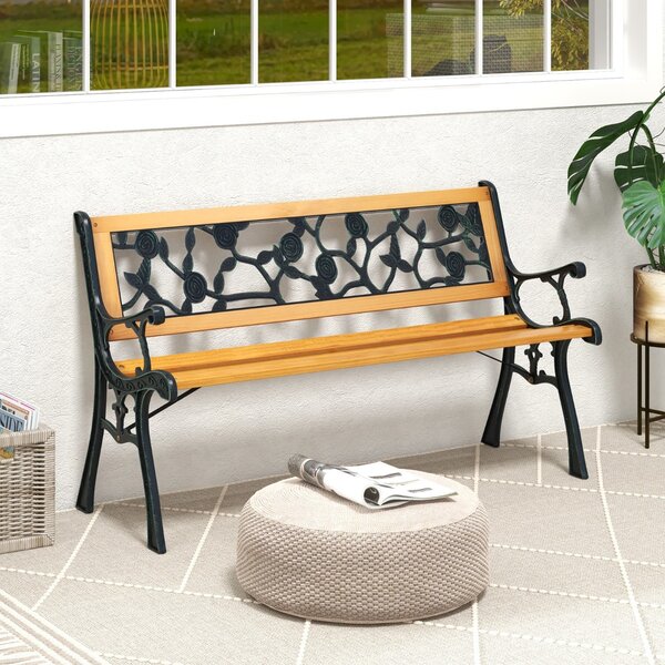 Costway Panca da giardino con struttura in metallo fuso seduta in legno, Panca ergonomica per 3 persone 126x52x74cm