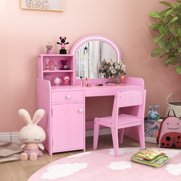 Costway Set tavolo da trucco per bambini con sedia mensole cassetto e anta, Toeletta da trucco in legno con luci LED Rosa