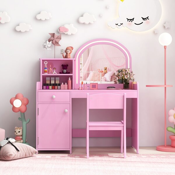 Costway Set tavolo da trucco per bambini con sedia mensole cassetto e anta, Toeletta da trucco in legno con luci LED Rosa