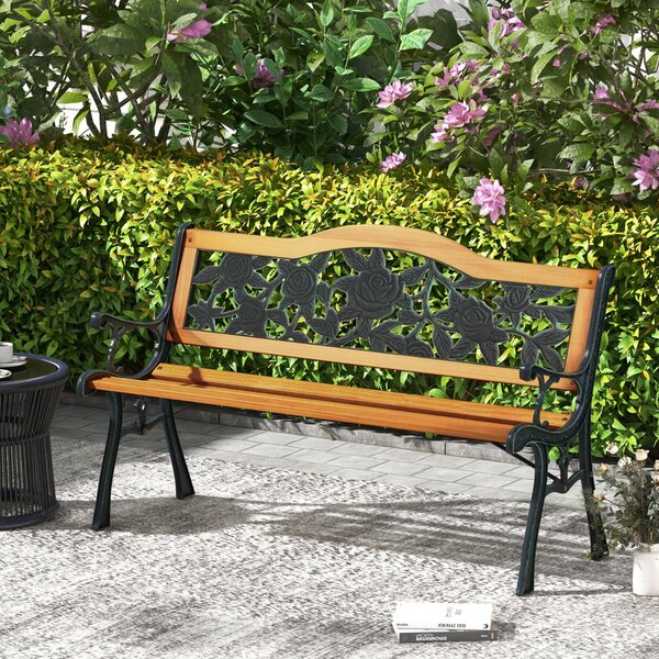 Costway Panca da giardino con struttura in metallo fuso seduta in legno, Panca ergonomica per 3 persone 126x52x76cm