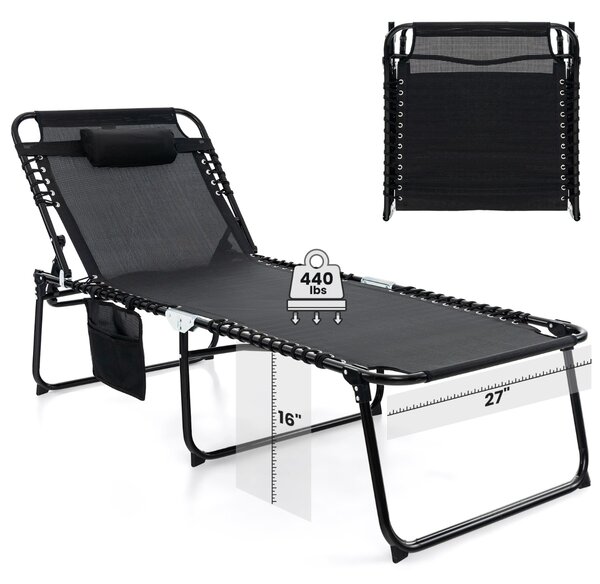 Costway Sdraio pieghevole oversize con cuscino e tasca, Lettino prendisole portatile con schienale regolabile Nero