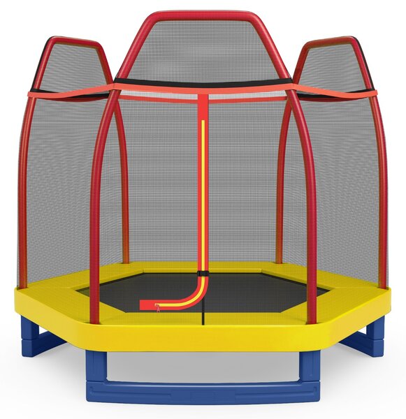 Costway Tappeto elastico 223 cm con rete di sicurezza e cuscinetto a molle, Mini tappeto elastico per bambini Rosso