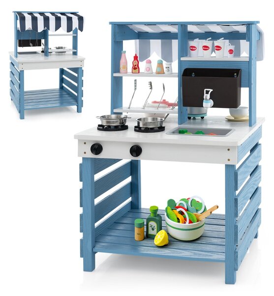 Costway Cucina giochi in legno a doppia faccia con lavandino vaschetta per l'acqua, Set di cucina per bambini dai 3+ anni Blu
