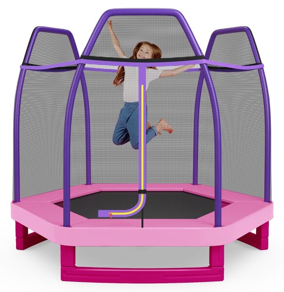 Costway Tappeto elastico 223 cm con rete di sicurezza e cuscinetto a molle, Mini tappeto elastico per bambini Viola