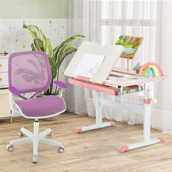 Costway Sedia da scrivania per bambini con altezza regolabile ruote con freno braccioli morbidi, Sedia girevole per computer Viola