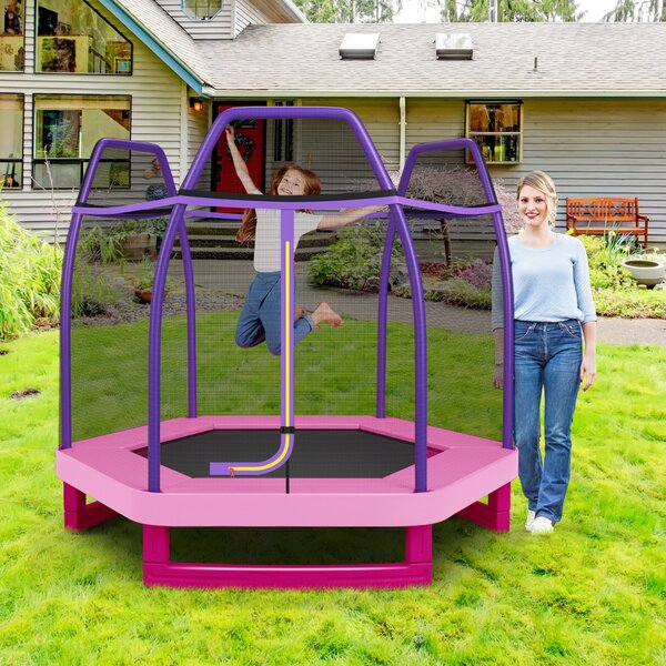 Costway Tappeto elastico 223 cm con rete di sicurezza e cuscinetto a molle, Mini tappeto elastico per bambini Viola