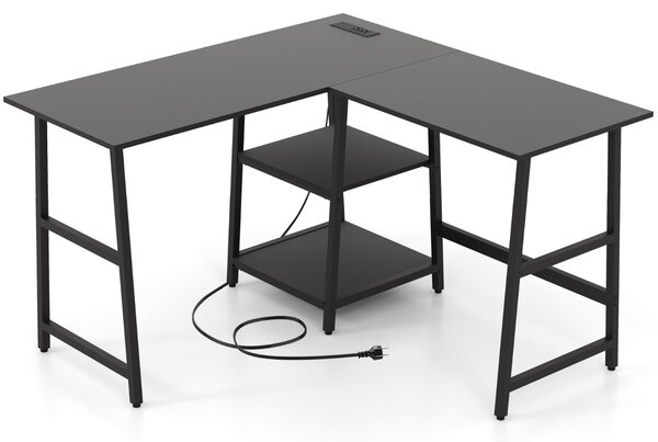 Costway Scrivania angolare da 120cm con prese di corrente e porte USB ripiani per lavoro, Scrivania a L per ufficio Nero