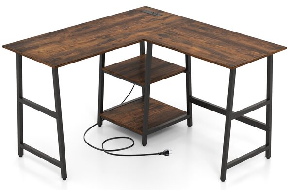 Costway Scrivania angolare da 120cm con prese di corrente e porte USB ripiani per lavoro, Scrivania a L per ufficio Marrone Rustico