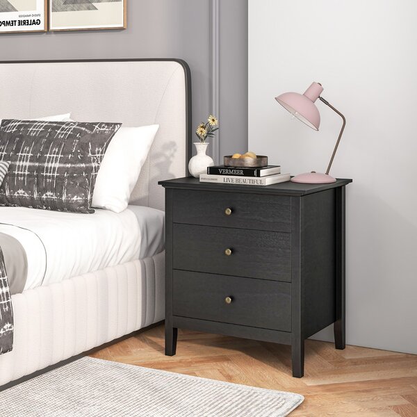 Costway Comodino a 3 cassetti in legno con ripiani, Tavolino da notte moderno con finitura in legno per camera da letto Nero