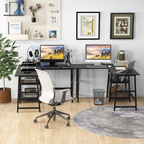Costway Scrivania angolare da 120cm con prese di corrente e porte USB ripiani per lavoro, Scrivania a L per ufficio Nero