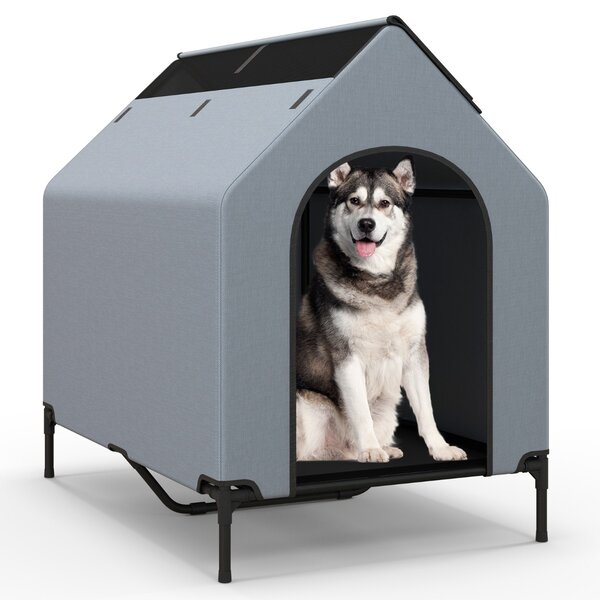 Costway Casa elevata per cani con finestre ventilate copertura rimovibile, Cuccia per cani con letto a rete Grigio 75x110x106cm