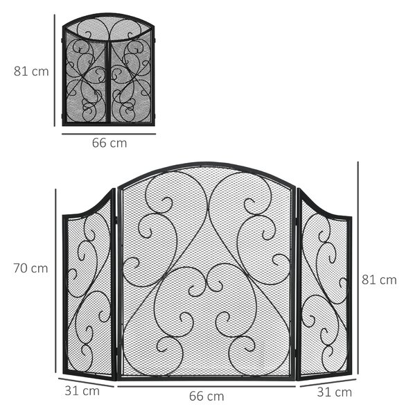 HOMCOM Parascintille Camino a 3 Pannelli in Metallo con Design Pieghevole, 66x31x81 cm, Nero|Aosom