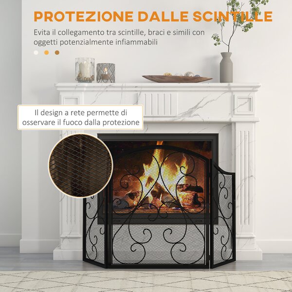 HOMCOM Parascintille Camino a 3 Pannelli in Metallo con Design Pieghevole, 66x31x81 cm, Nero|Aosom