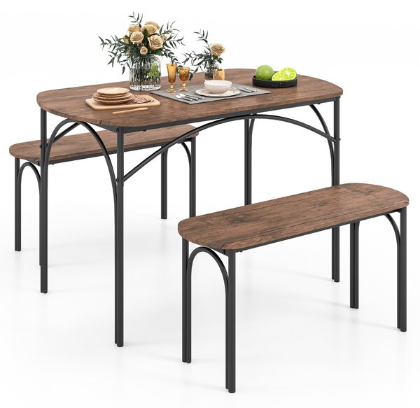 Costway Set da pranzo 3 pezzi per 4 persone, Tavolo rettangolare in legno da 120cm e 2 panche con struttura in metallo Marrone