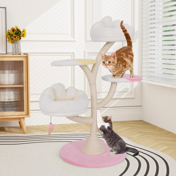 Costway Albero per gatti con 2 piattaforme palline pendenti e tiragraffi in sisal, Centro attività per animali domestici Rosa