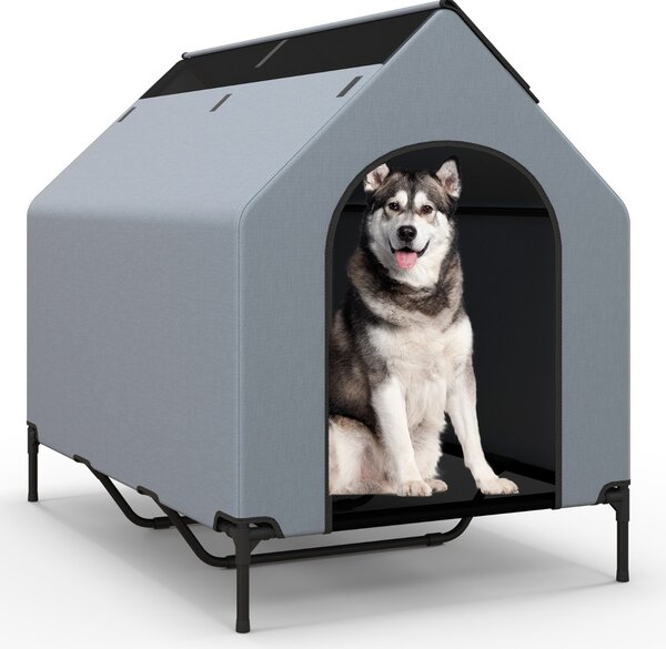 Costway Casa elevata per cani con finestre ventilate copertura rimovibile, Cuccia per cani con letto a rete Grigio 84x132x114cm