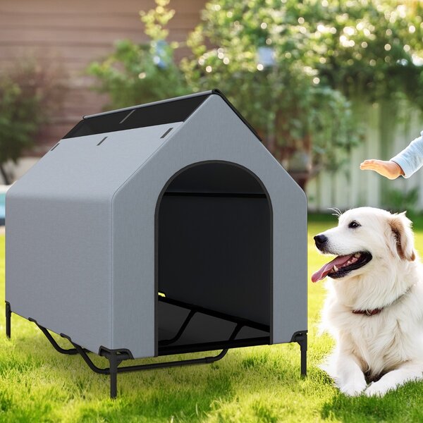 Costway Casa elevata per cani con finestre ventilate copertura rimovibile, Cuccia per cani con letto a rete Grigio 84x132x114cm