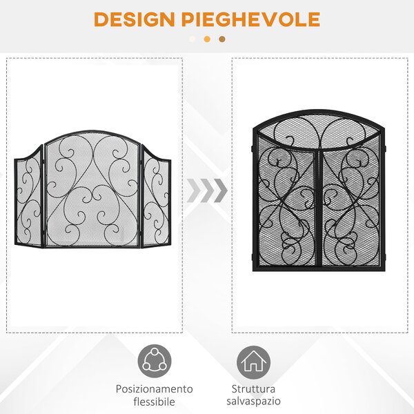 HOMCOM Parascintille Camino a 3 Pannelli in Metallo con Design Pieghevole, 66x31x81 cm, Nero|Aosom