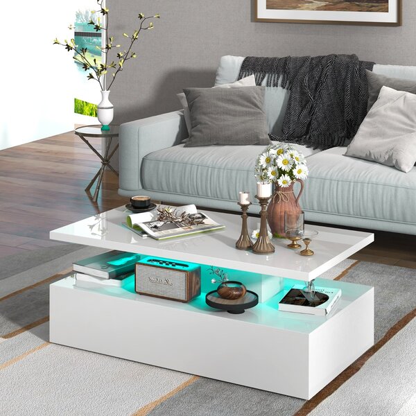 Costway Tavolino a 2 livelli con luci LED bianco lucido colori della luce regolabili, Tavolo da centro rettangolare Bianco