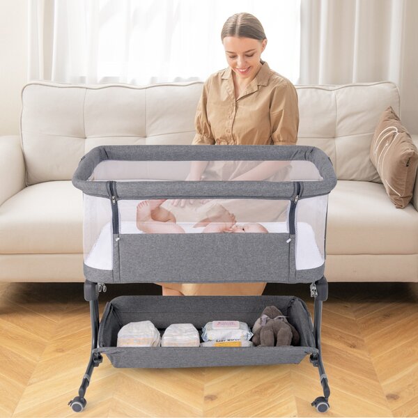 Costway Culla da affiancare per neonati con altezza regolabile a 6 livelli mensola portaoggetti, Culla da letto pieghevole Grigio scuro