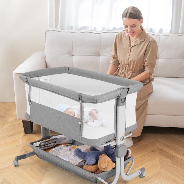 Costway Culla da affiancare per neonati con altezza regolabile a 6 livelli mensola portaoggetti, Culla da letto pieghevole Grigio