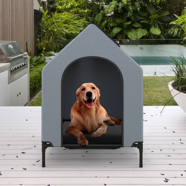 Costway Casa elevata per cani con finestre ventilate copertura rimovibile, Cuccia per cani con letto a rete Grigio 75x110x106cm