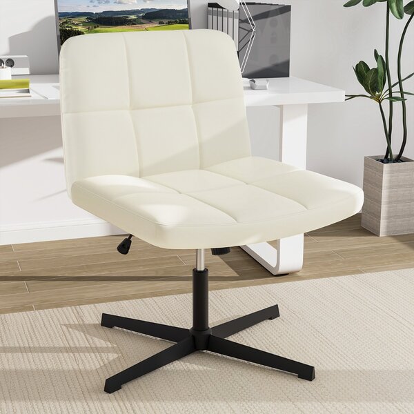 Costway Sedia a crociera a gambe incrociate rivestita in pelle PU con seduta a u spaziosa, Sedia da ufficio girevole Beige