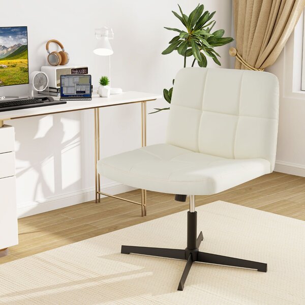 Costway Sedia a crociera a gambe incrociate rivestita in pelle PU con seduta a u spaziosa, Sedia da ufficio girevole Beige