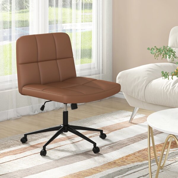 Costway Sedia a crociera con ruote seduta a U, Sedia da ufficio a gambe incrociate rivestita in pelle PU Marrone