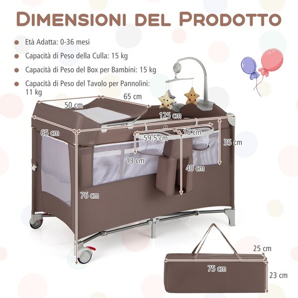 Costway Lettino per bambini con materasso fasciatoio carillon e 3 giocattoli appesi, Box multiuso 5 in 1 Marrone