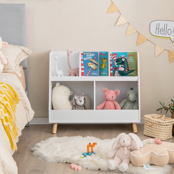 Costway Libreria per bambini a 5 cubi con gambe in legno e kit antiribaltamento, Organizzatore per giochi per asilo nido Bianco
