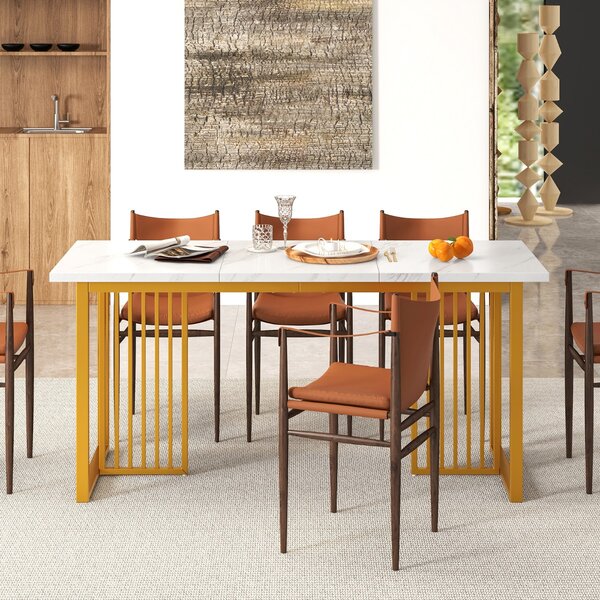 Costway Tavolo da pranzo moderno per 6-8 persone, Tavolo da cucina rettangolare da 160cm con piano in finto marmo Bianco