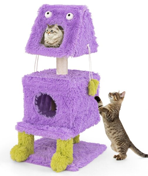 Costway Albero per gatti con 2 nidi privati palo per graffio in sisal giocattoli pendenti, Torre di gatti a tema mostro carina Viola
