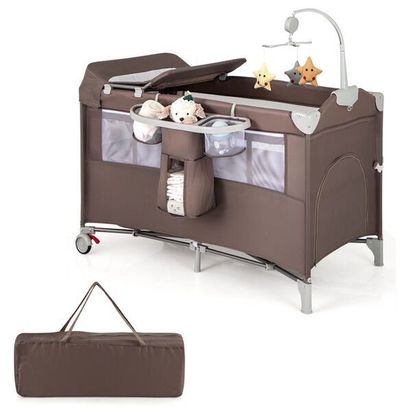 Costway Lettino per bambini con materasso fasciatoio carillon e 3 giocattoli appesi, Box multiuso 5 in 1 Marrone