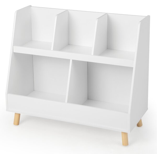 Costway Libreria per bambini a 5 cubi con gambe in legno e kit antiribaltamento, Organizzatore per giochi per asilo nido Bianco