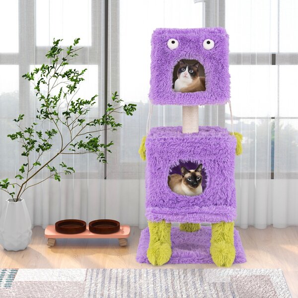 Costway Albero per gatti con 2 nidi privati palo per graffio in sisal giocattoli pendenti, Torre di gatti a tema mostro carina Viola